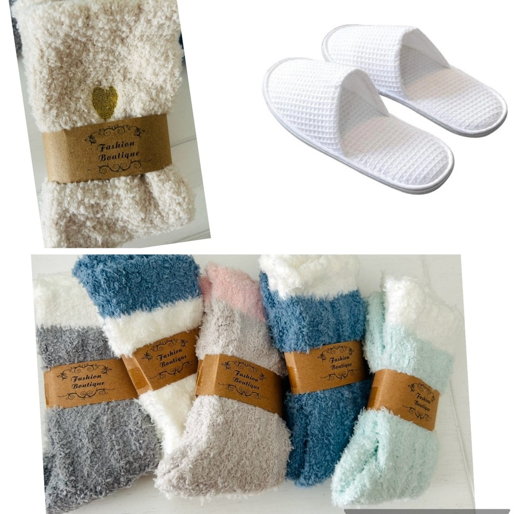 Cozy Heart 6 pair Colorful Socks Set & Waffle Texture Slippers